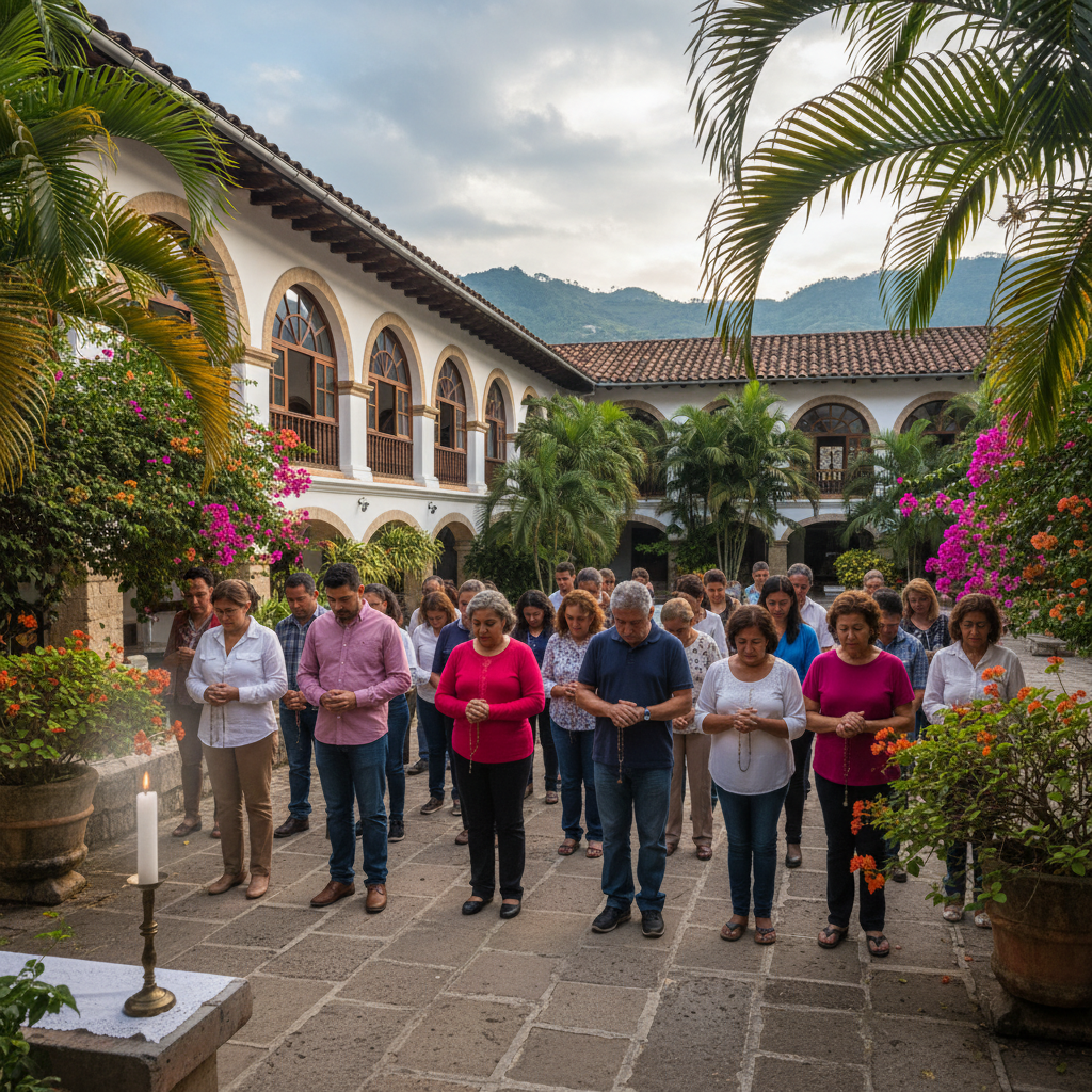 Persona orando en un entorno sereno, simbolizando paz y esperanza a través de las oraciones