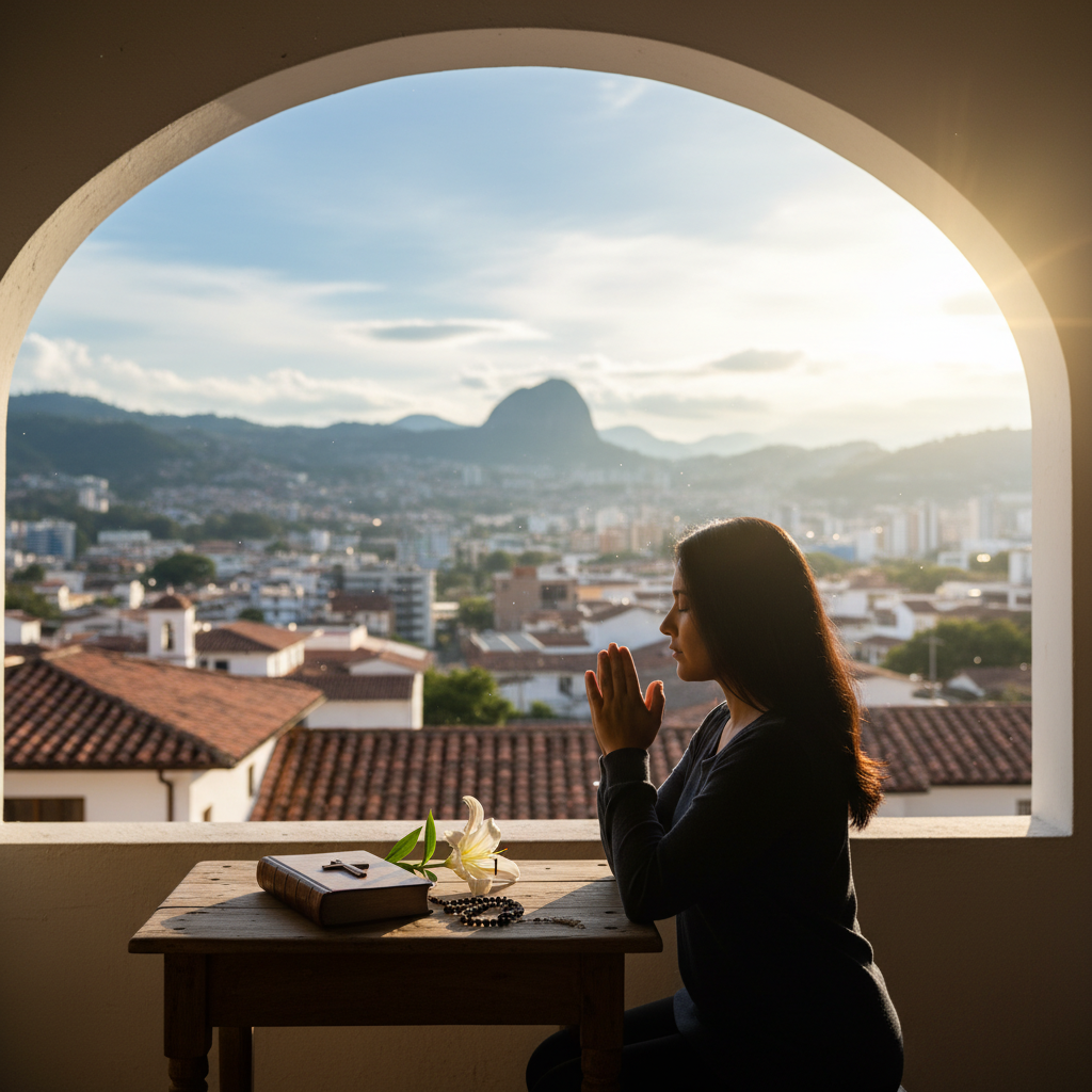 Manos sosteniendo un rosario o en posición de oración al atardecer, representando la práctica diaria de las oraciones