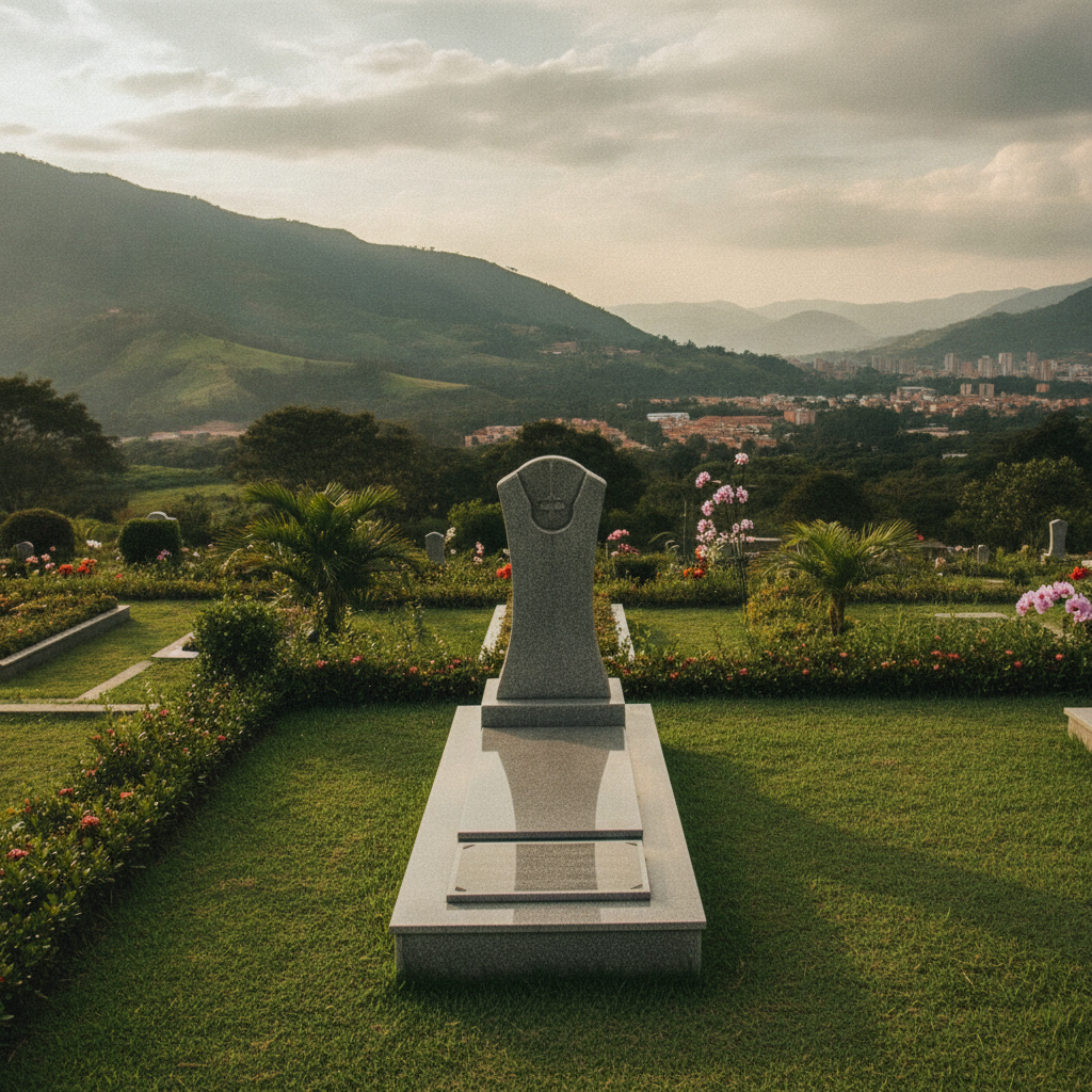 Vista aérea de un parque cementerio sereno en Medellín con áreas verdes